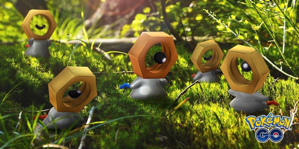 Five different Meltan in a forest, with the central one being Shiny