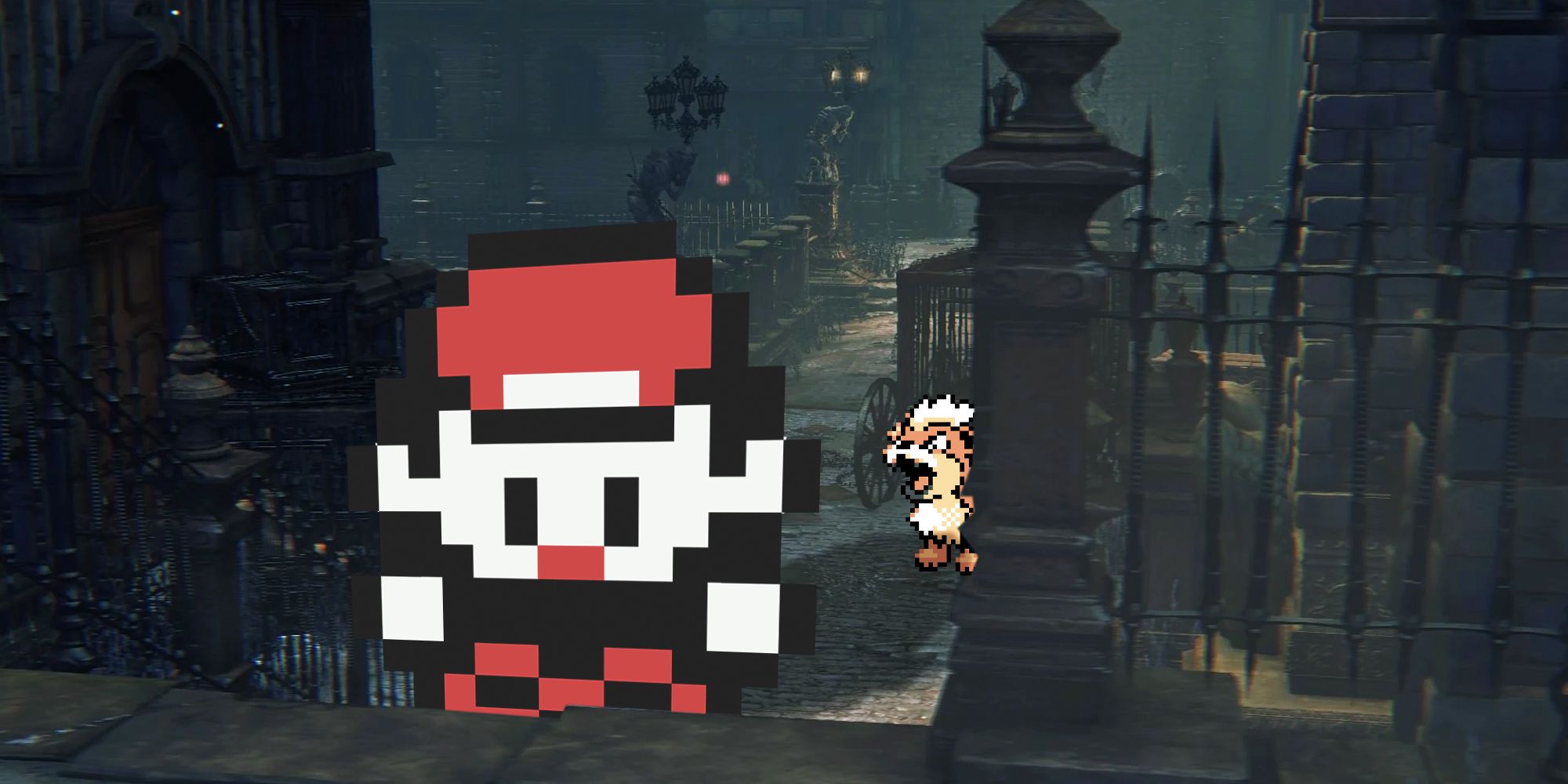 Pokemon Red protagonist and Growlithe in Bloodborne