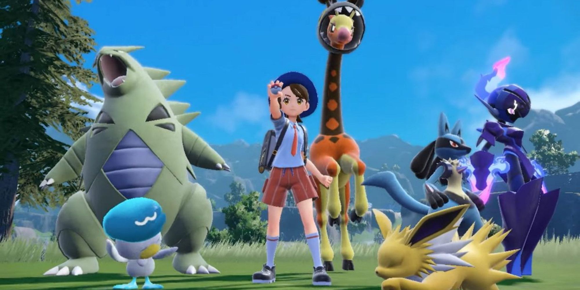 Pokemon Scarlet and Violet players surrounded by a team of Pokemon