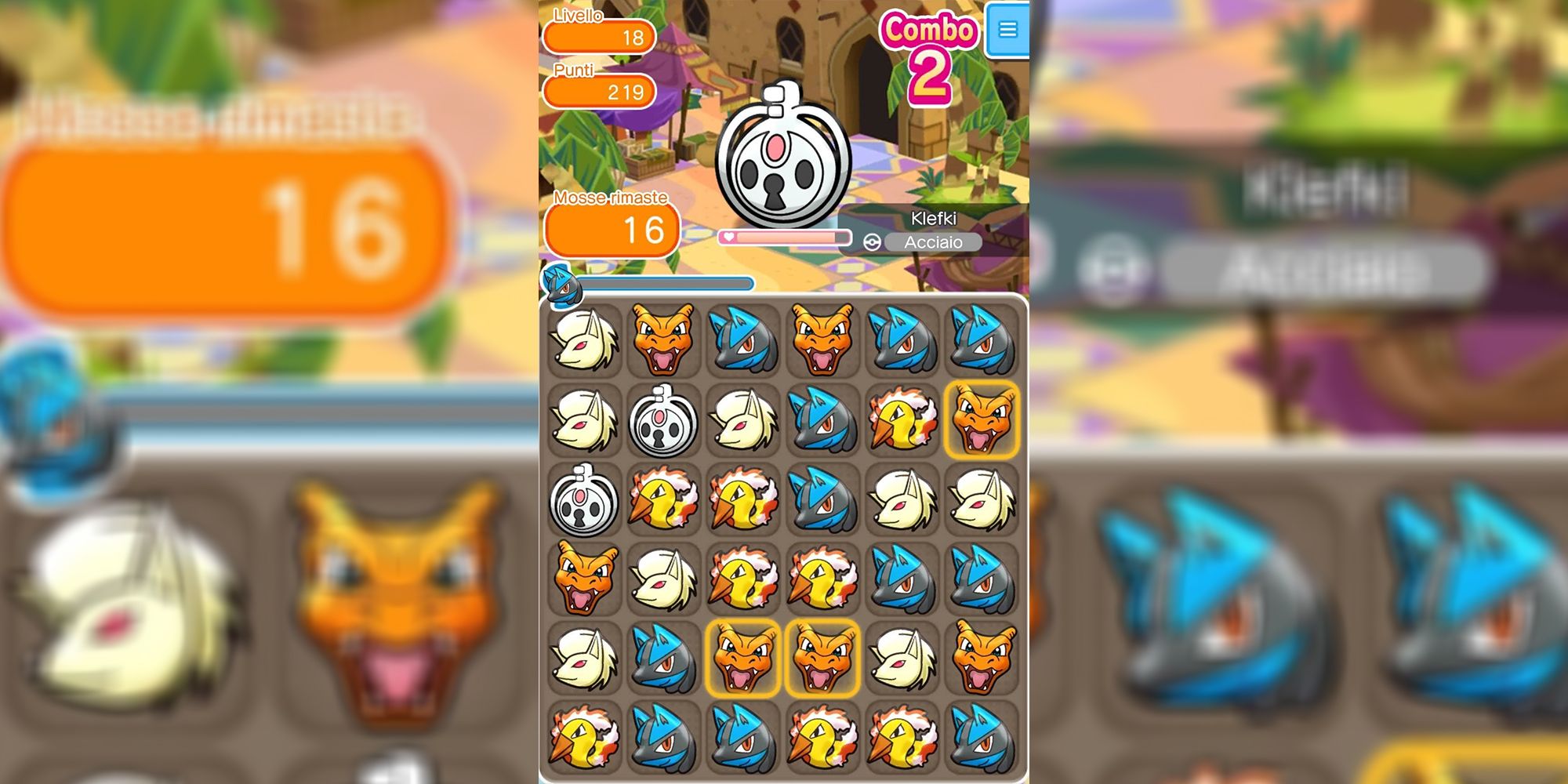 A player battles a Klefki by matching three Charizards in Pokemon Shuffle Mobile.