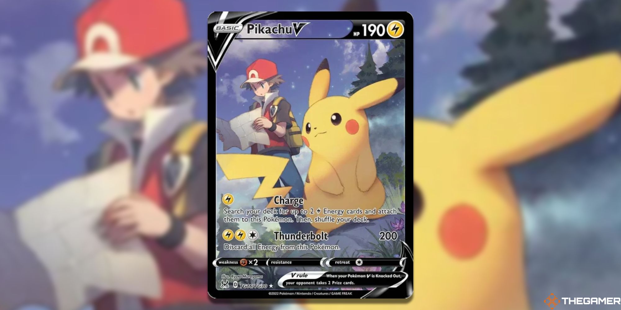 Image of the card Pikachu V in Pokemon TCG, with art by Ryoto Murayama