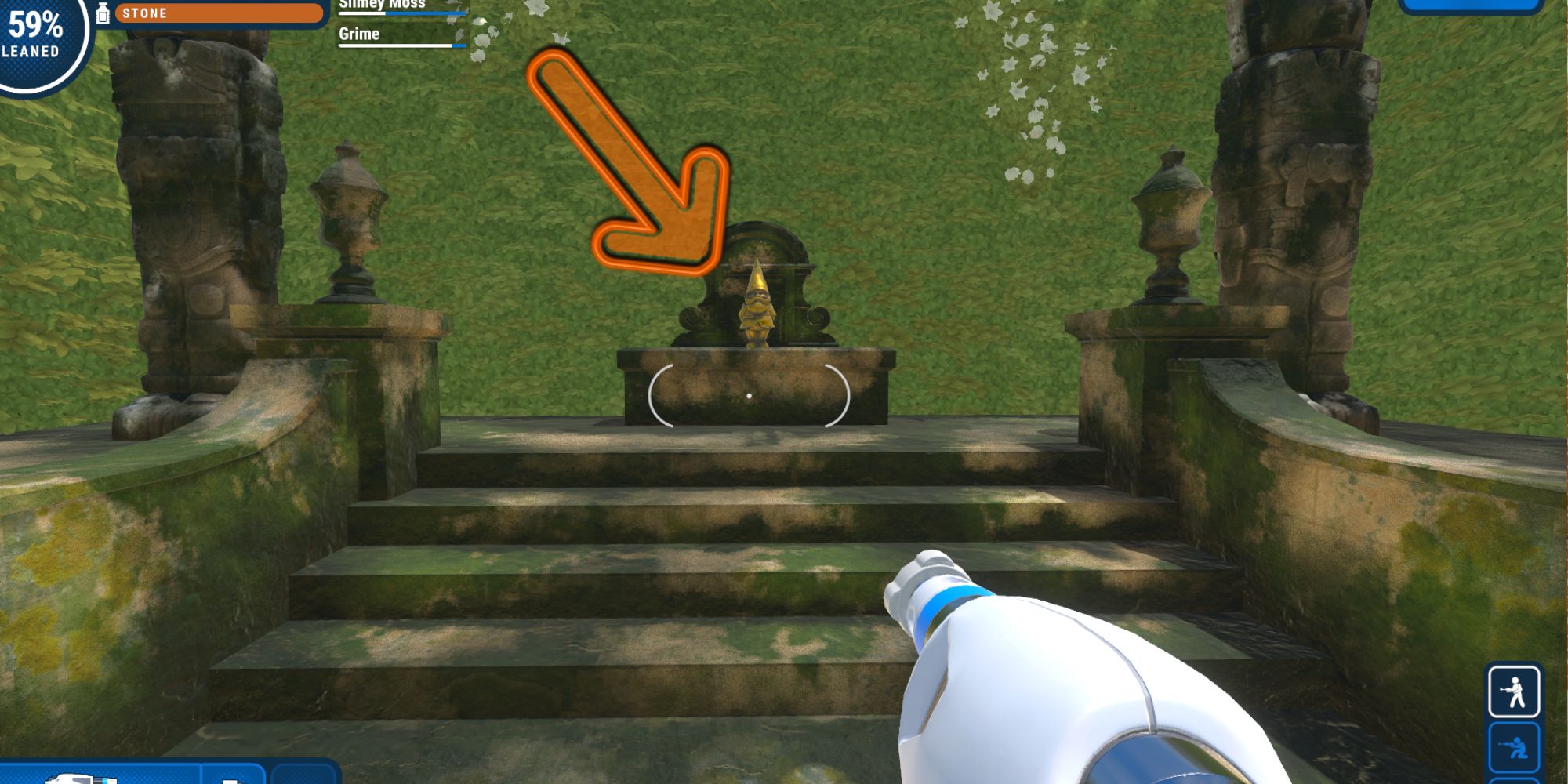 A Golden Gnome at an altar inside of a hedge maze in PowerWash Simulator