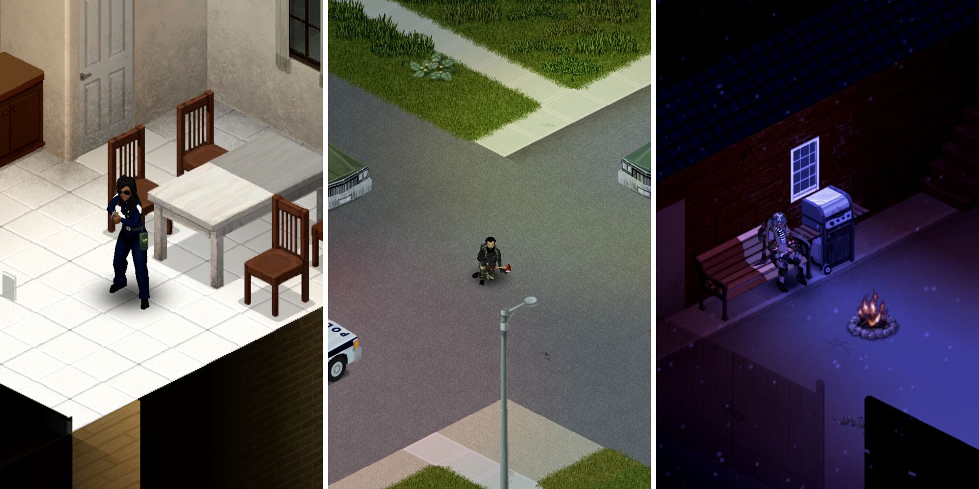 Project Zomboid split image of three survivors in a house, in the middle of a crossroad, and sitting on a bench.