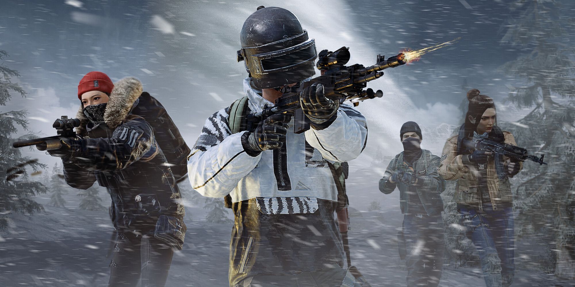 An image of four players in a PUBG Game in the snow, with the center point being the main character wearing a wielding mask and shooting an assault rifle