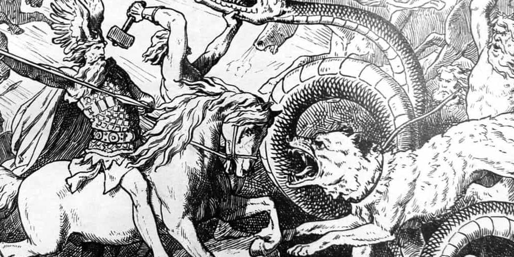 Odin Et Thor Combattant Fenrir Et World Serpent Représentés Dans La Mythologie Nordique