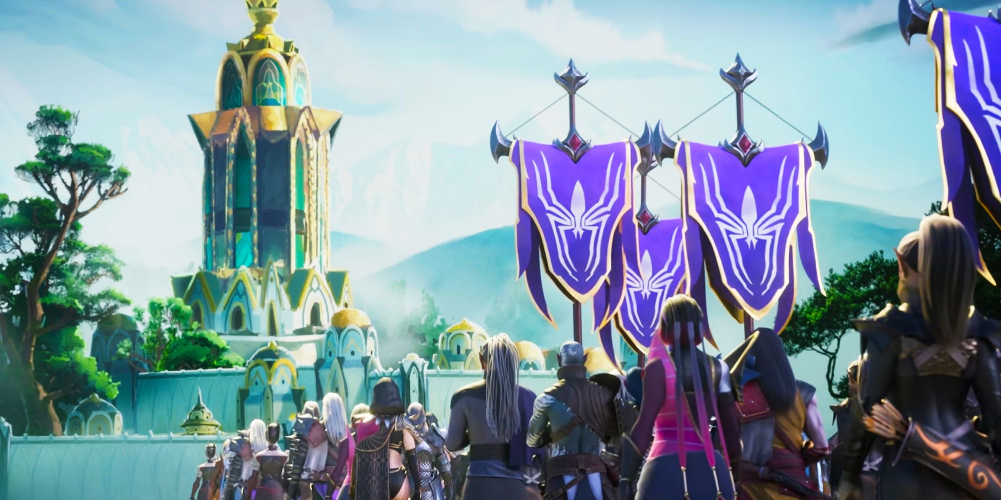 Raid Shadow Legends Web Series showing a crowd of people marching with purple banners and white spider emblems 