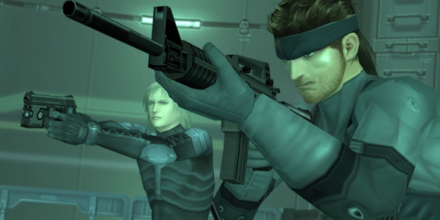 Raiden and Solid Snake in Metal Gear Solid 2 pointing guns
