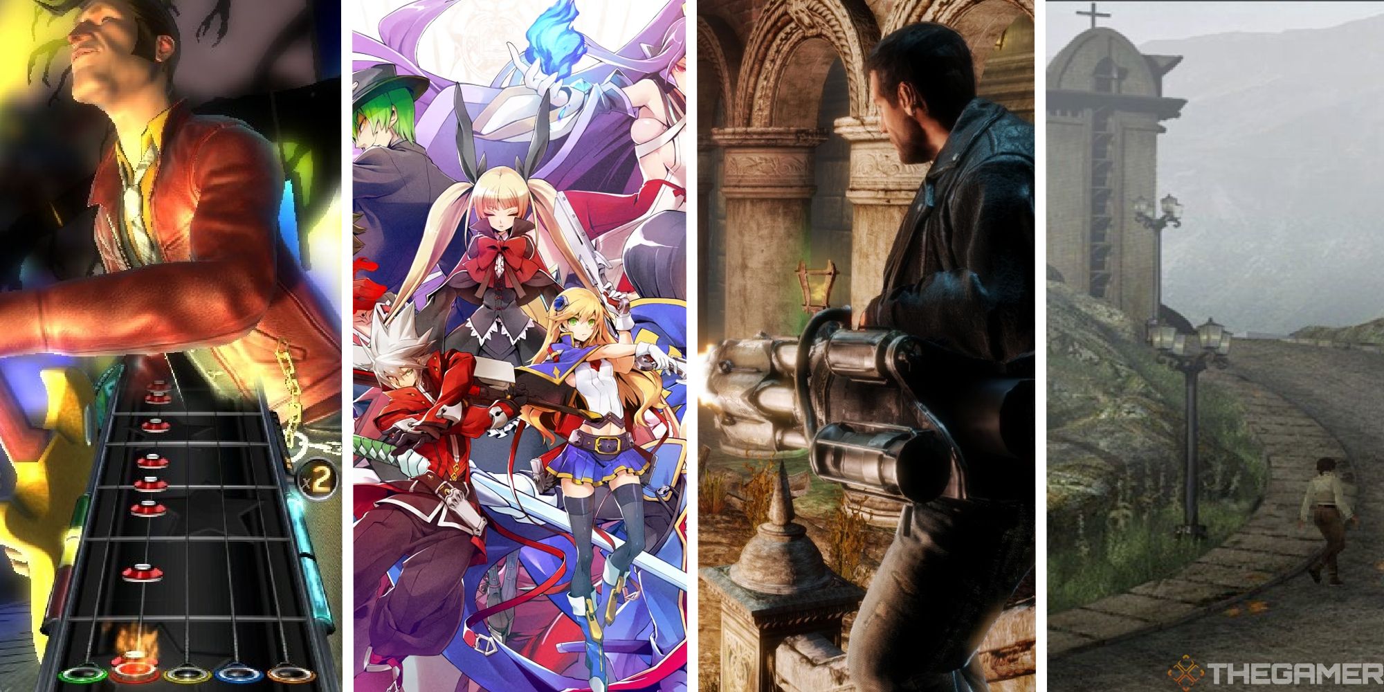 split image showing band hero, blazblue cross fiction, painkiller, and syberia