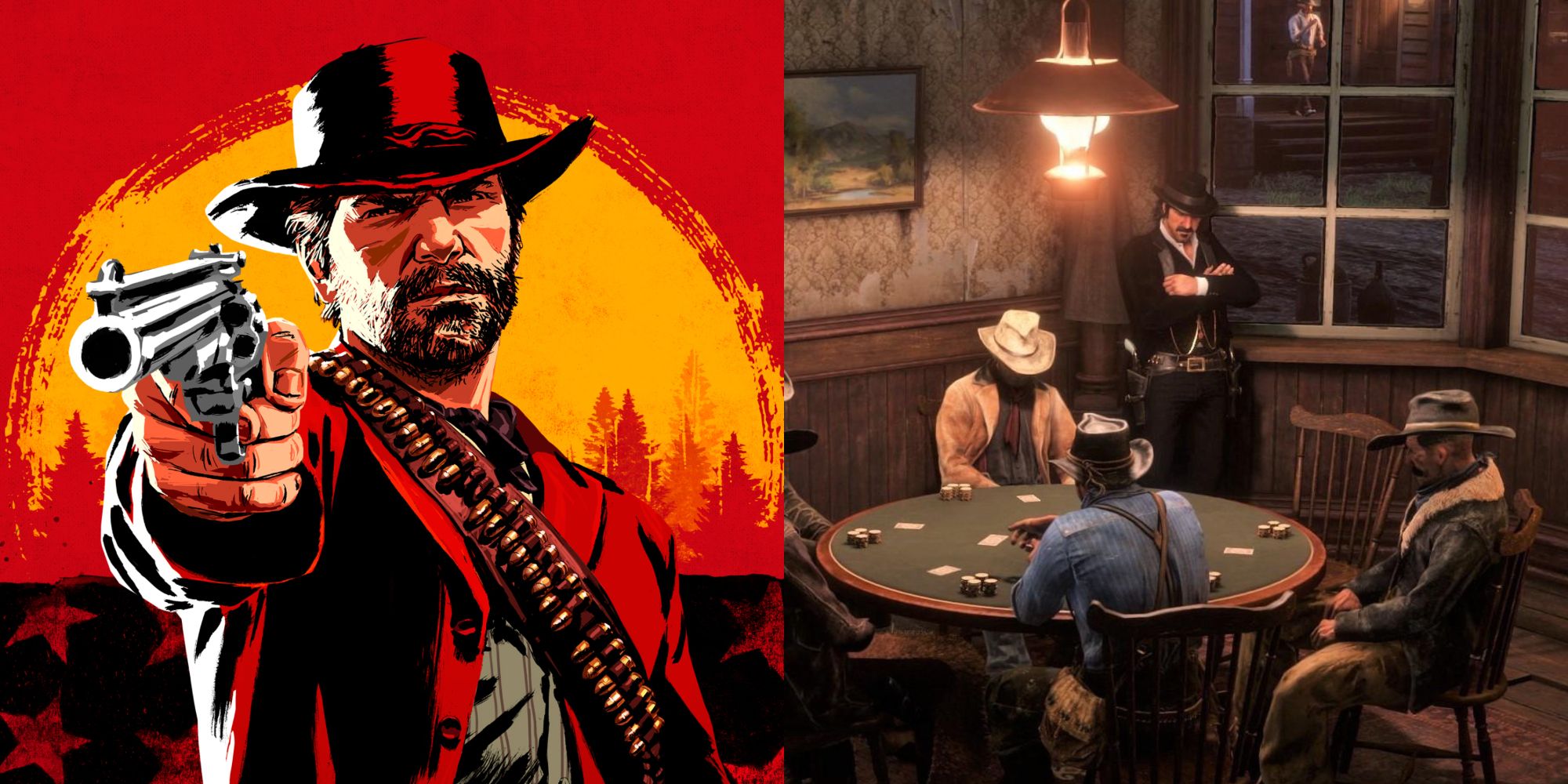 A split image of the Red Dead Redemption 2 cover art, which features Arthur Morgan holding a revolver, and a photo of men playing poker in Valentine.
