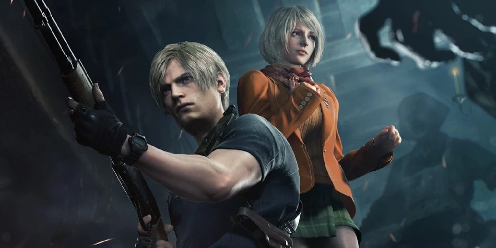 Leon posed in front of Ashley with a gun