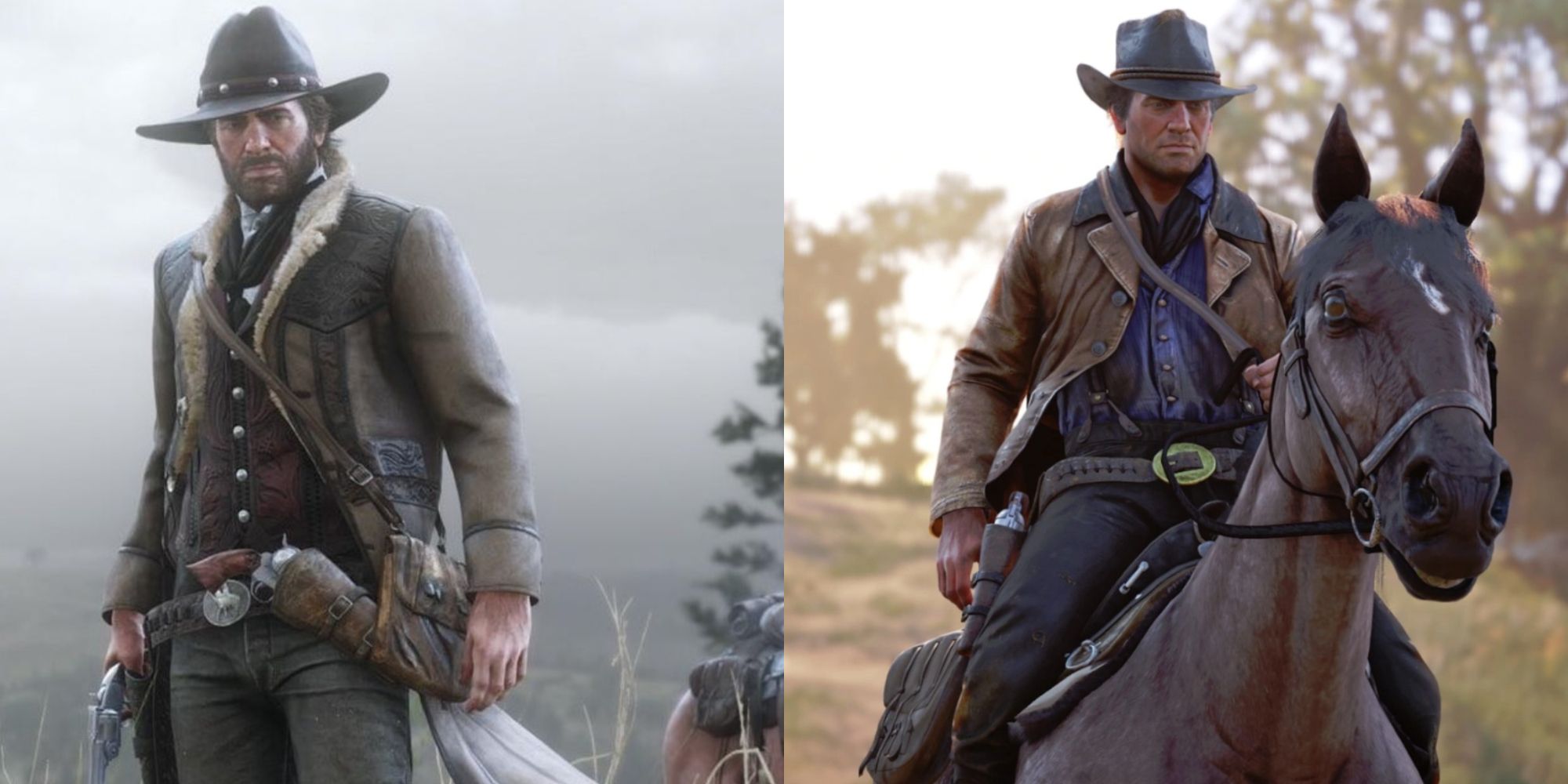 A split image of Arthur Morgan from Red Dead Redemption 2 in two Grizzlies Outlaw and The Gunslinger outfits.