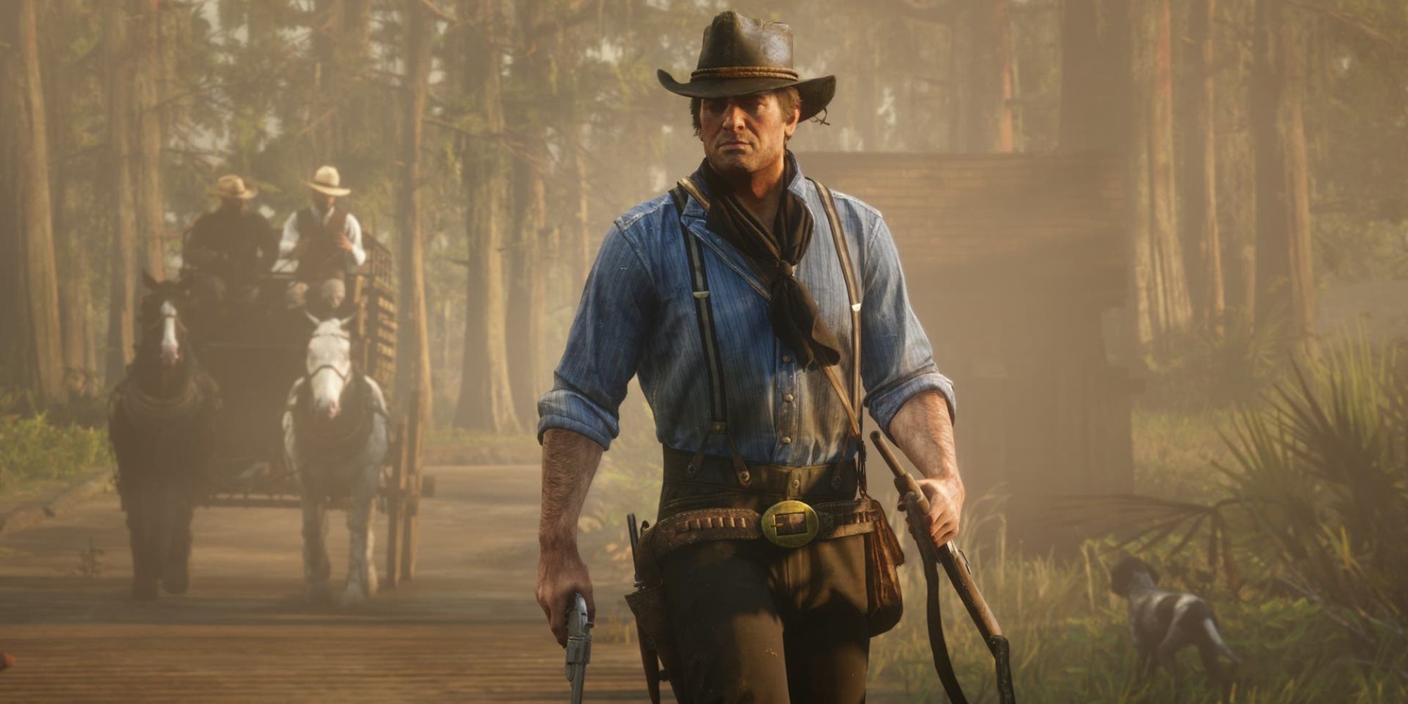 An outfit from Red Dead Redemption 2 called The Summer Gunslinger, which features Arthur's classic blue shirt and black hankerchief. 