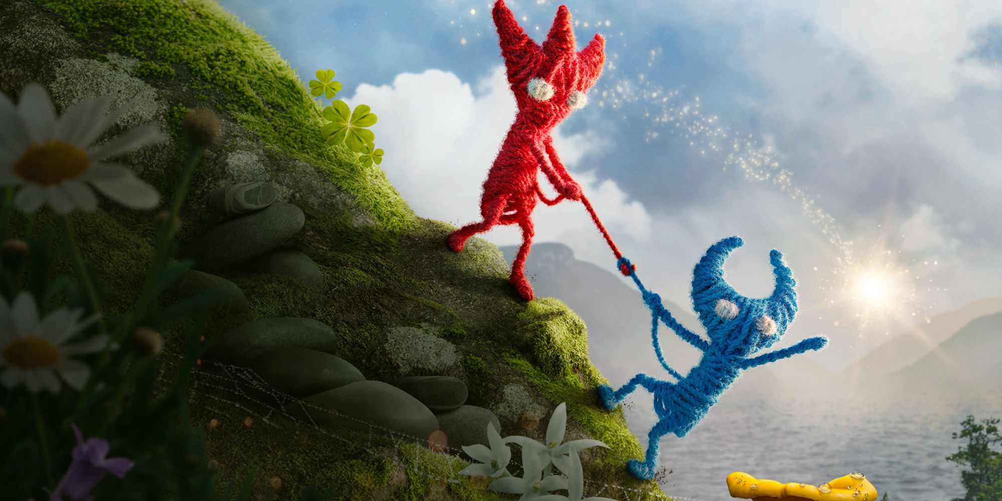 Rotes Yarny, befestigt an blauem Yarny in Unravel 2