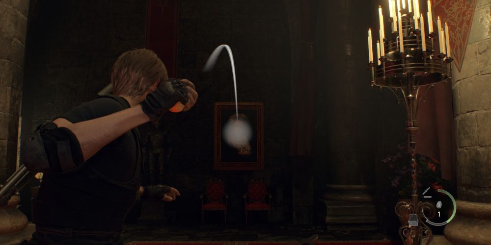 Leon Kennedy throws an egg at Ramon Salazar's portrait in the castle throne room in Resident Evil 4 Remake.