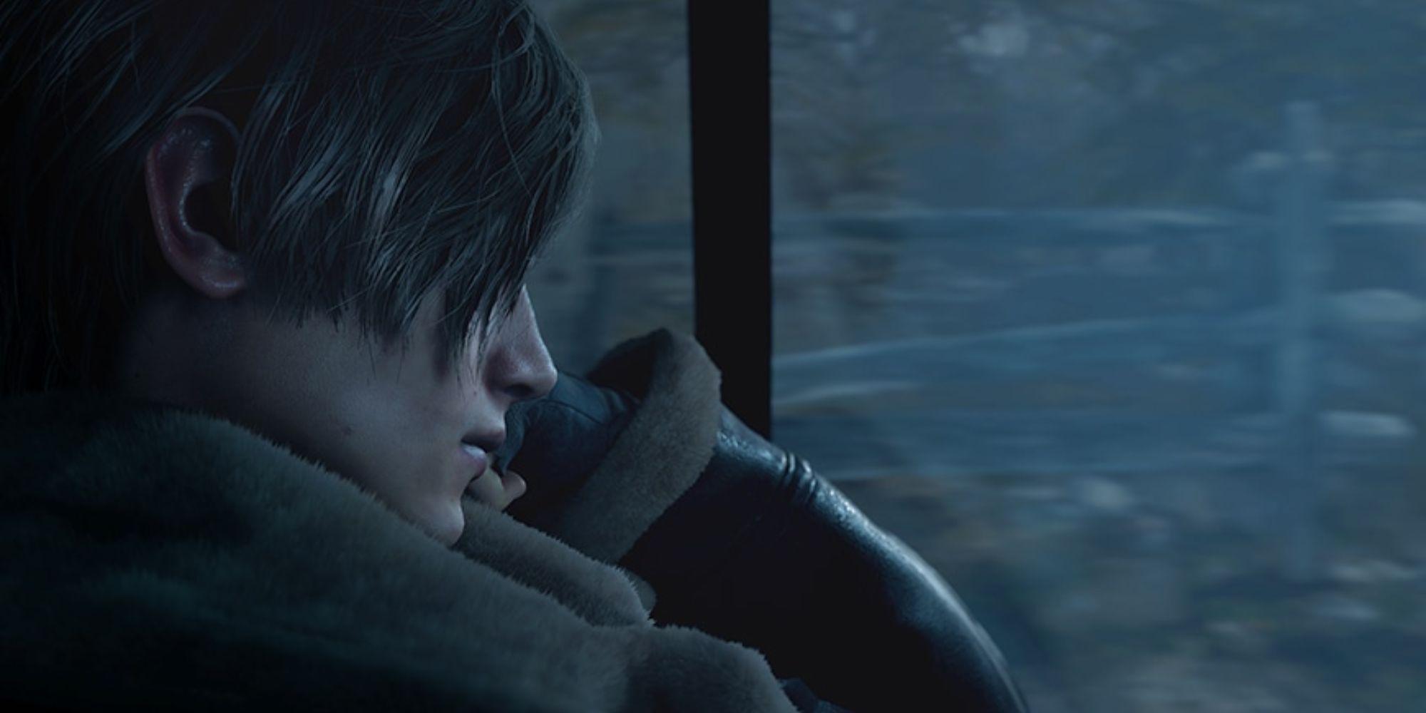 Leon Kennedy looking out of a car window in Resident Evil 4 Remake