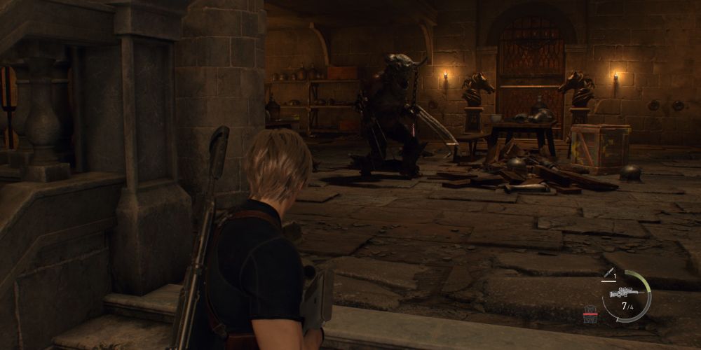 Leon Kennedy fights armored guards in Resident Evil 4 Remake.
