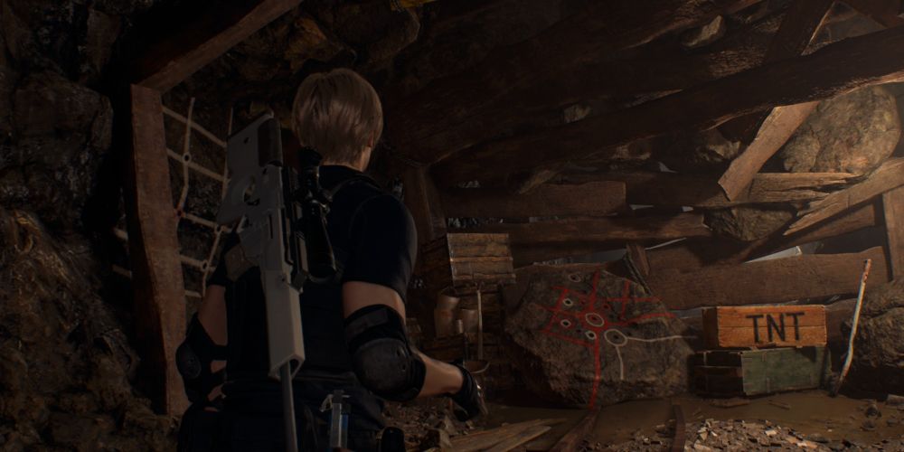 leon kennedy encounters a collasped tunnel in resident evil 4 remake