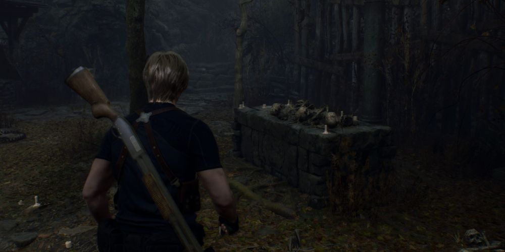 Leon Kennedy Discovers Altar Covered With Human Bones In Resident Evil 4 Remake