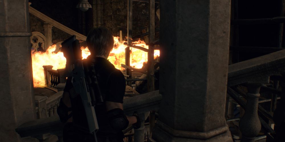 leon kennedy approaches the fire-breathing statue in the clock tower in Resident Evil 4 Remake