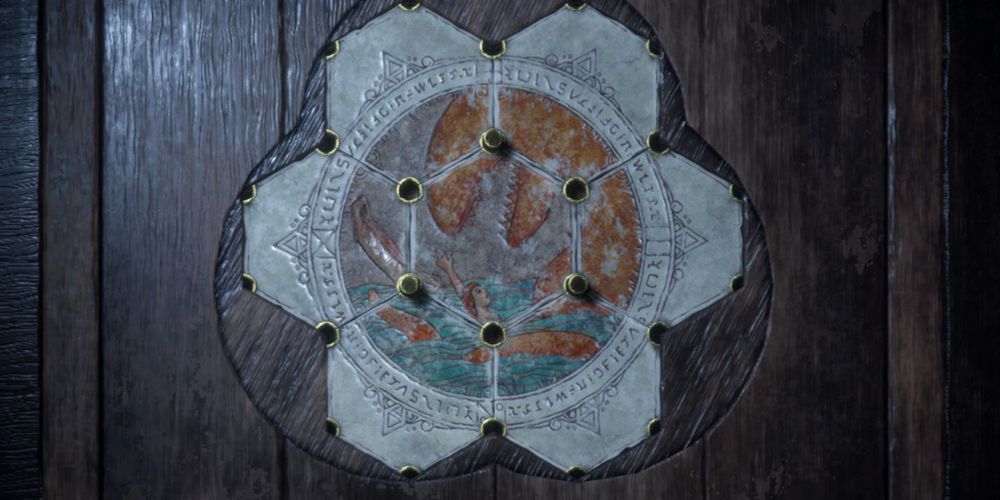 A completed hexagon puzzle depicting Del Lago attacking a boat in Resident Evil 4 Remake