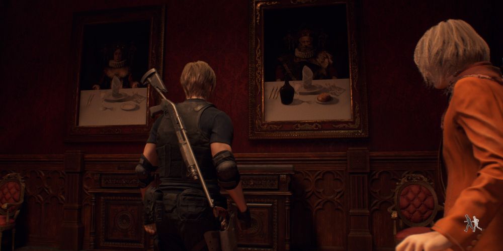Leon Kennedy and Ashley Graham inspect a portrait of Salazar's castle dining room in Resident Evil 4 Remake.