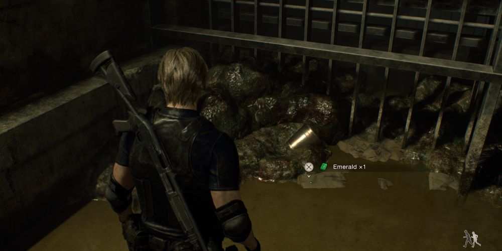 leon kennedy finds an emerald in a sewage pool in resident evil 4 remake