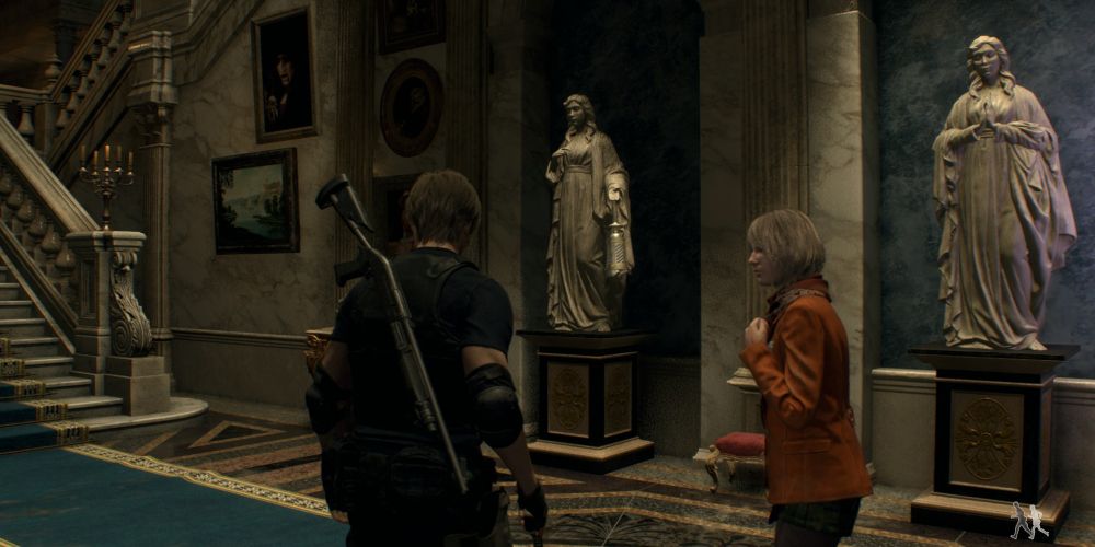 leon kennedy and ashley graham find a gem cask in the grand hall of castle salazar in resident evil 4 remake