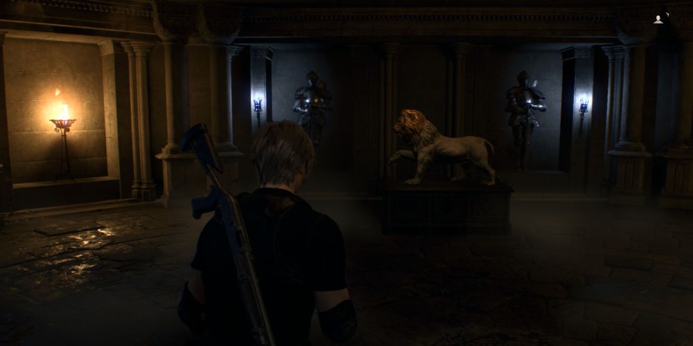 leon kennedy approaches the lion statue in resident evil 4 remake