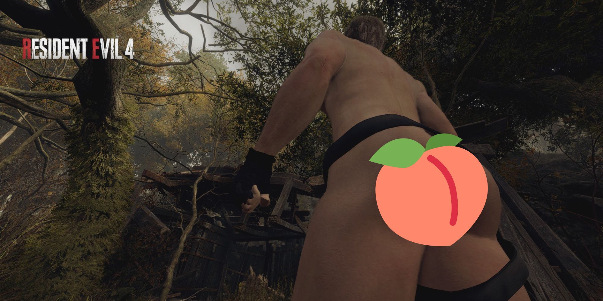 A mostly nude Leon from Resident Evil 4 Remake, with an image of a peach covering his bum