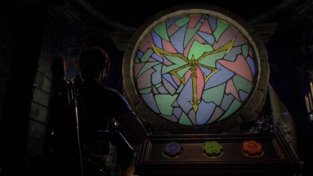 Stained glass window from Resident Evil 4, correctly aligned to show the Los Illuminados symbol
