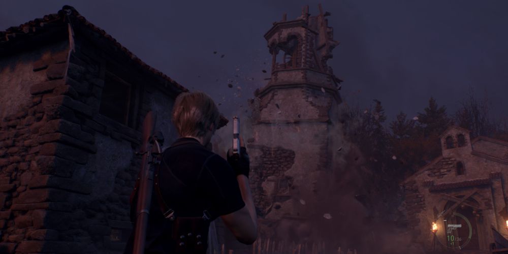 leon kennedy watches as the villagers destroy the watch tower in resident evil 4 remake