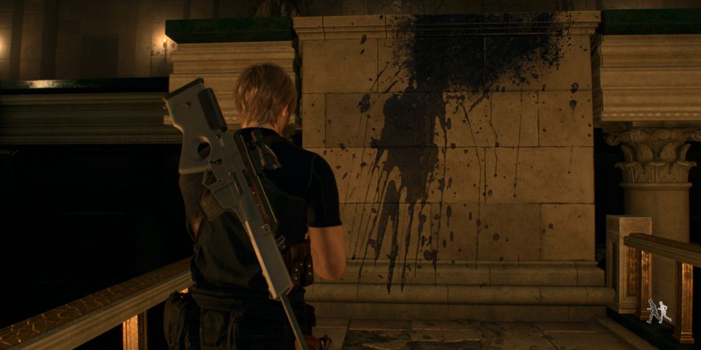Leon Kennedy finds a wall spattered with black paint in the Water Hall in Resident Evil 4 Remake