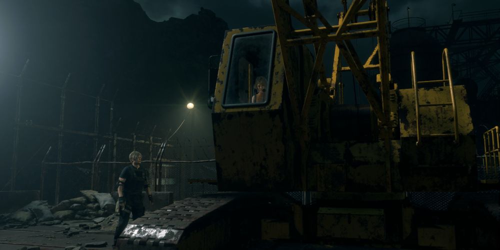 leon kennedy watches ashley graham operate a crane with a wrecking ball in resident evil 4 remake