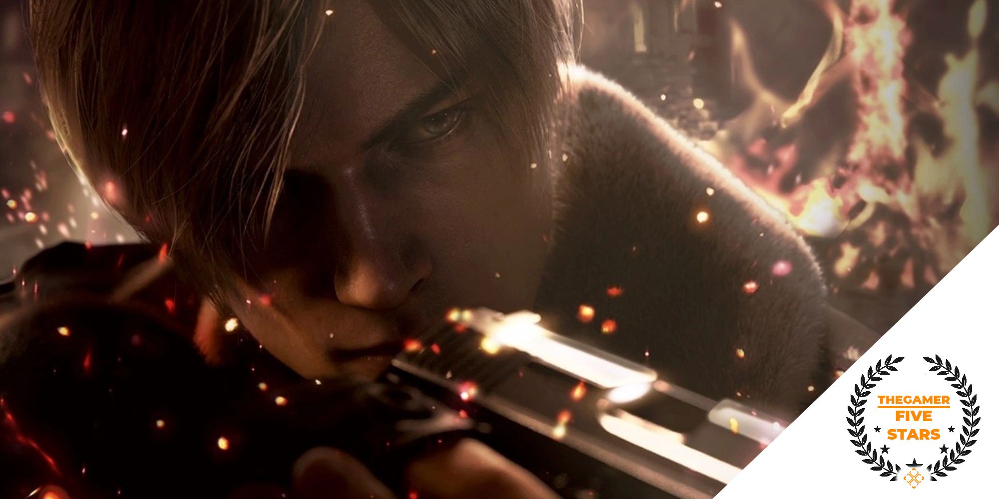 Leon standing in the middle of a fire pointing a gun sideways past the camera with a five stars accolade over the top