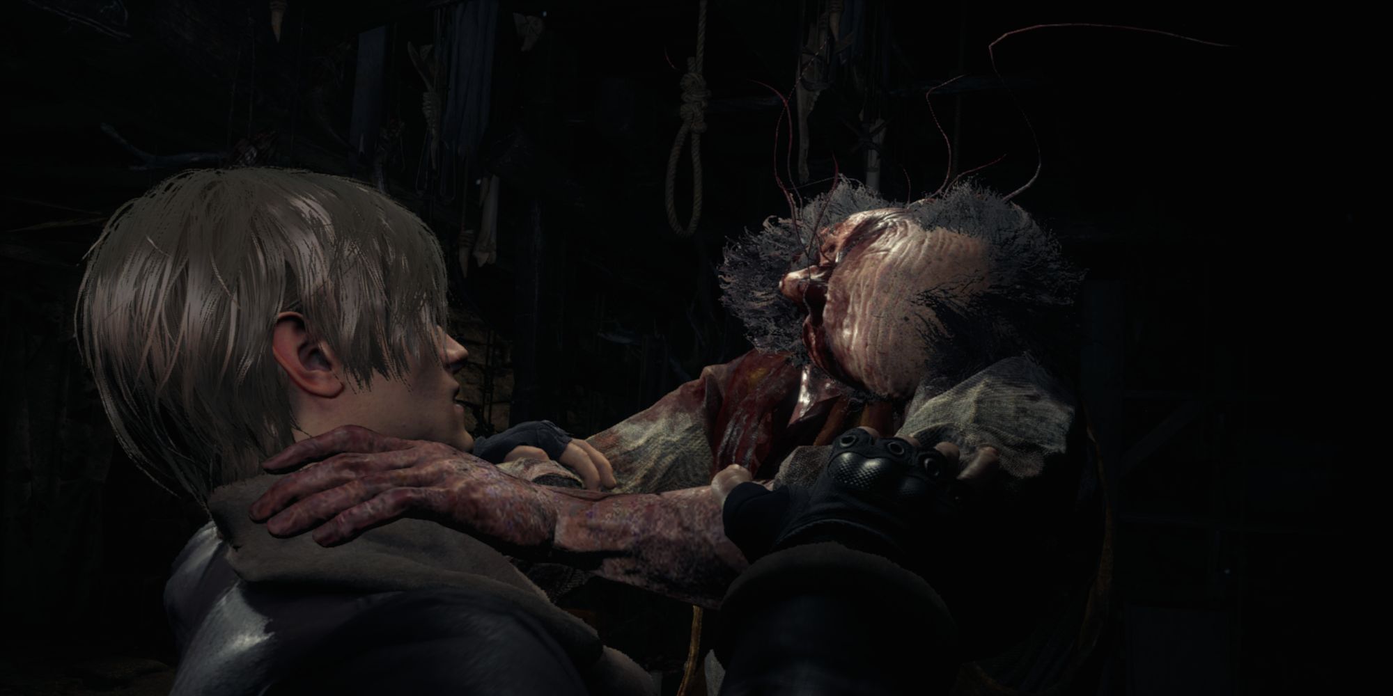Resident Evil 4 remake, Leon being grabbed.