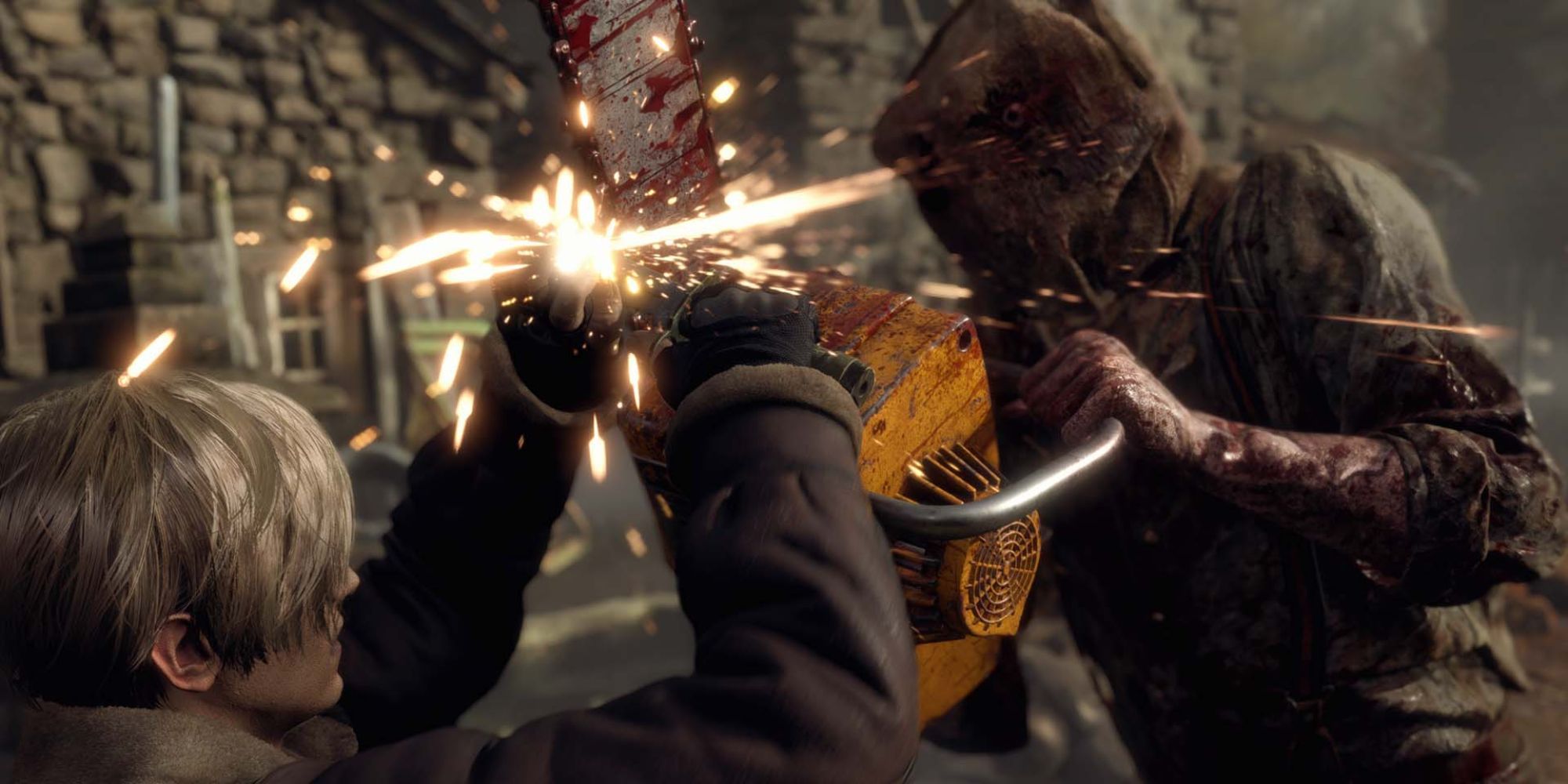 Leon parrying Dr. Salvador in the Resident Evil 4 Remake.