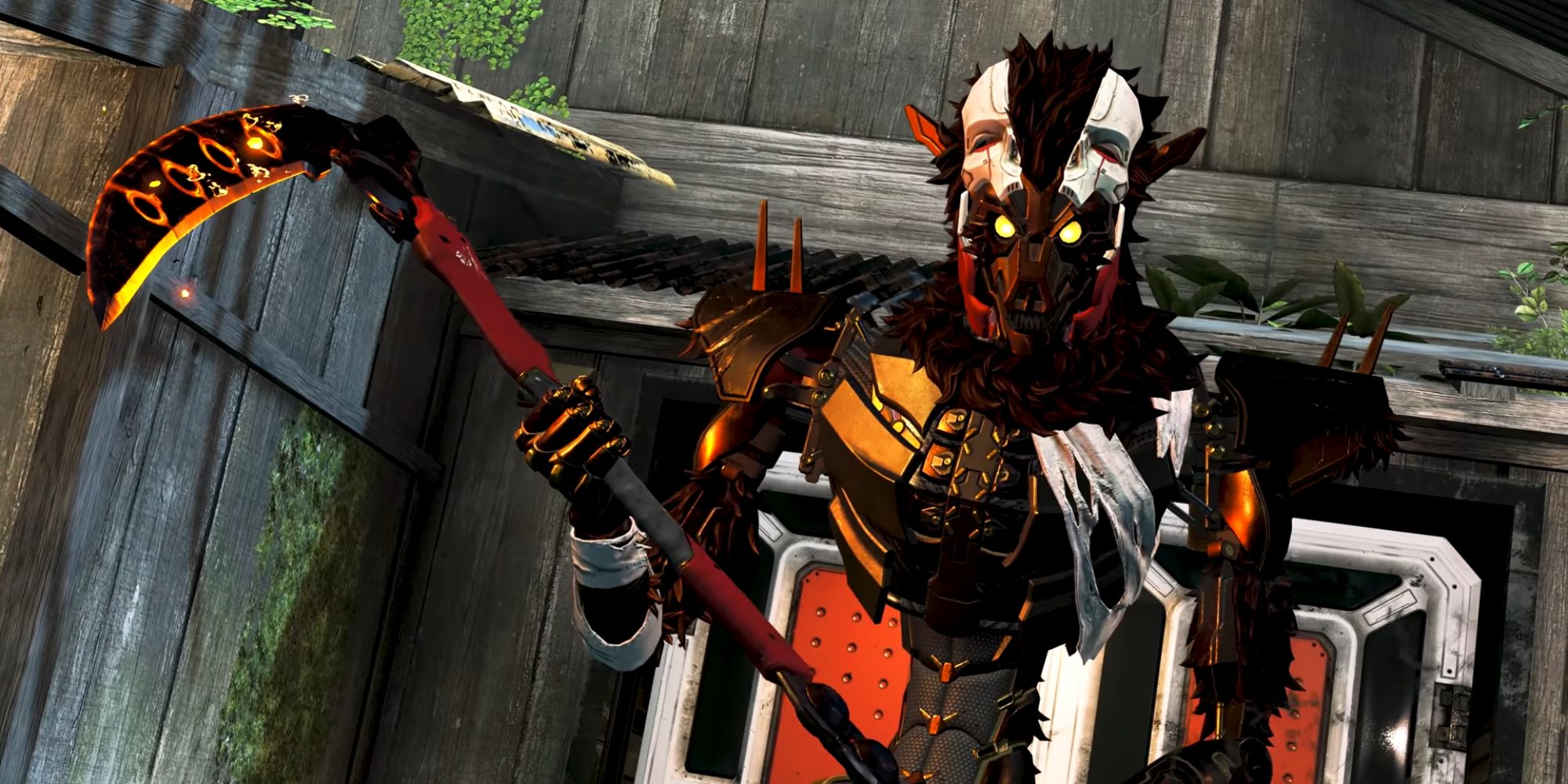 An image of Revenant's Heirloom from Apex Legends, a large red and black scythe with glowing orange energy on the blade.