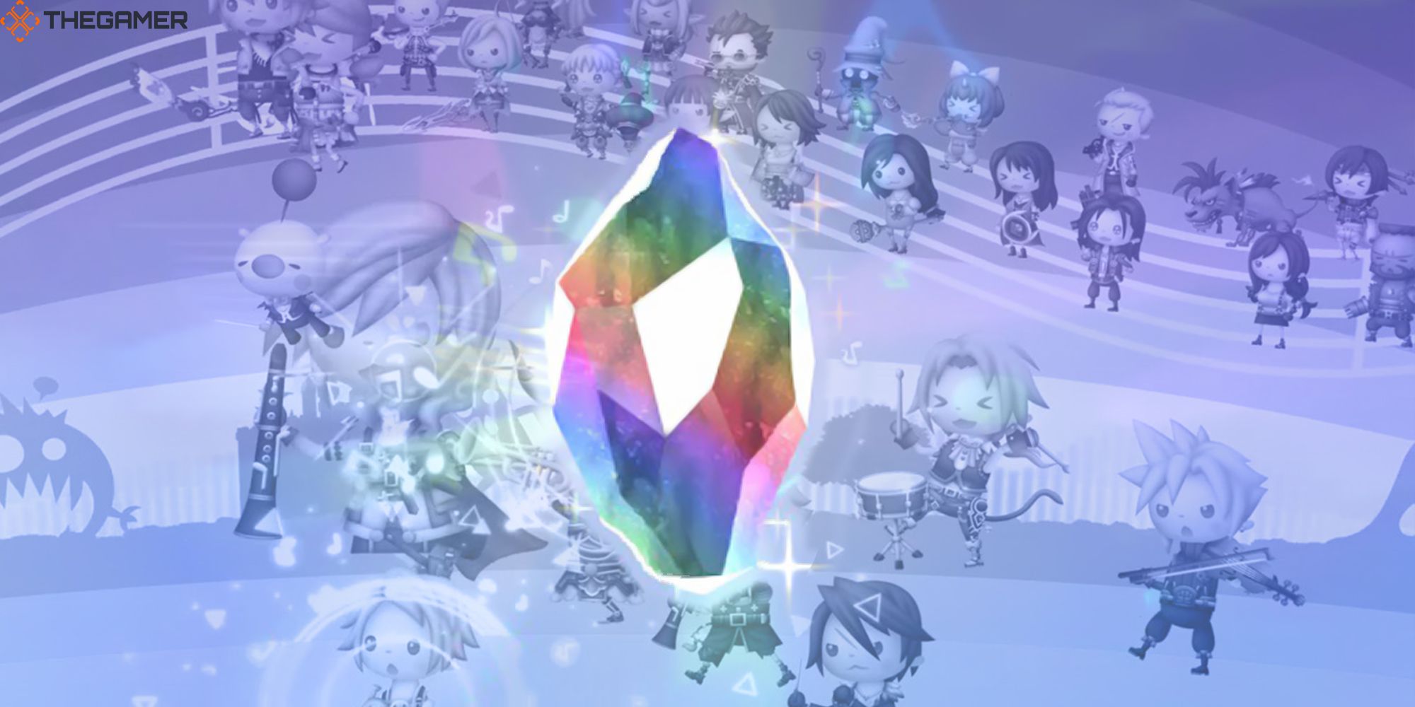 Final Fantasy heroes form a marching band behind a glowing Rhythmia crystal.