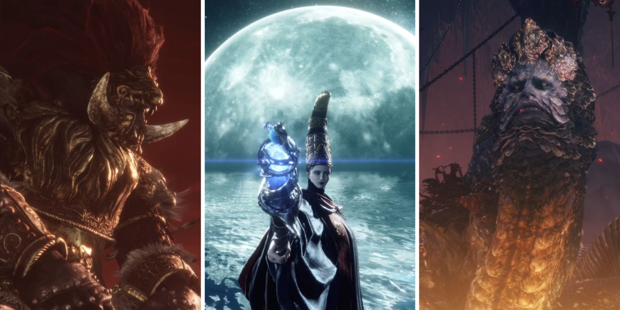 From left to right, Radahn's cutscene before his battle in Elden Ring, Rennala's cutscene from the middle of her battle in Elden Ring, and Rykard's cutscene from the middle of his battle in Elden