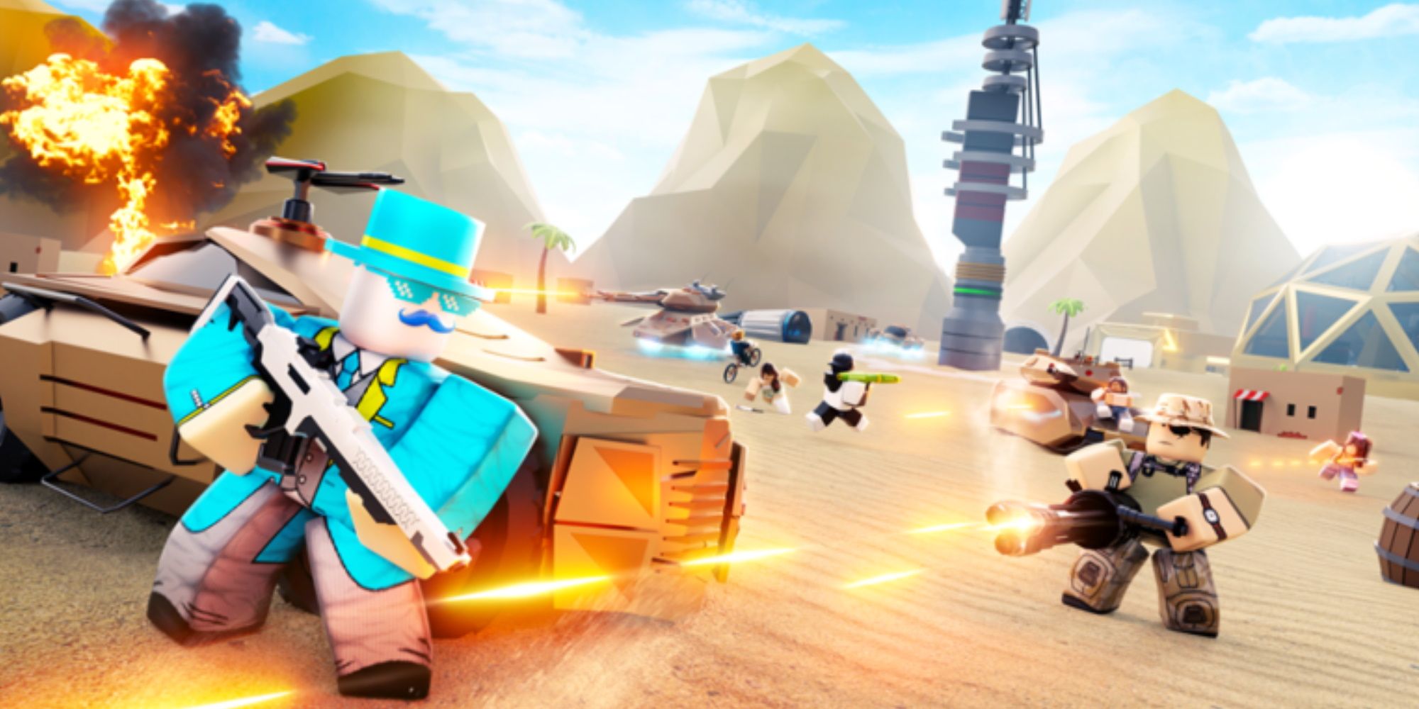 Roblox, Space War Tycoon, Soldiers fight it out in a desert environment