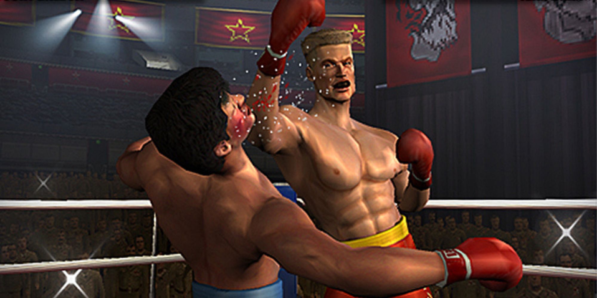 Ivan Drago uppercuts Rocky in the ring