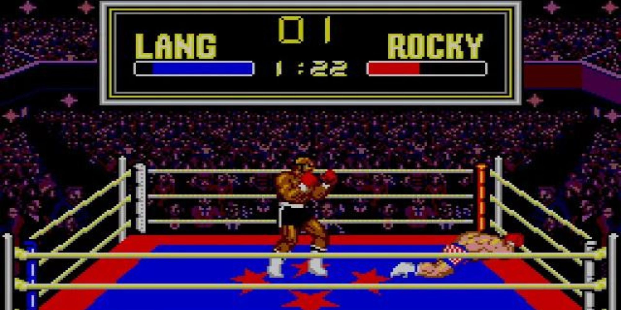 Rocky lays on the ground while Clubber Lang stands in the middle of the ring