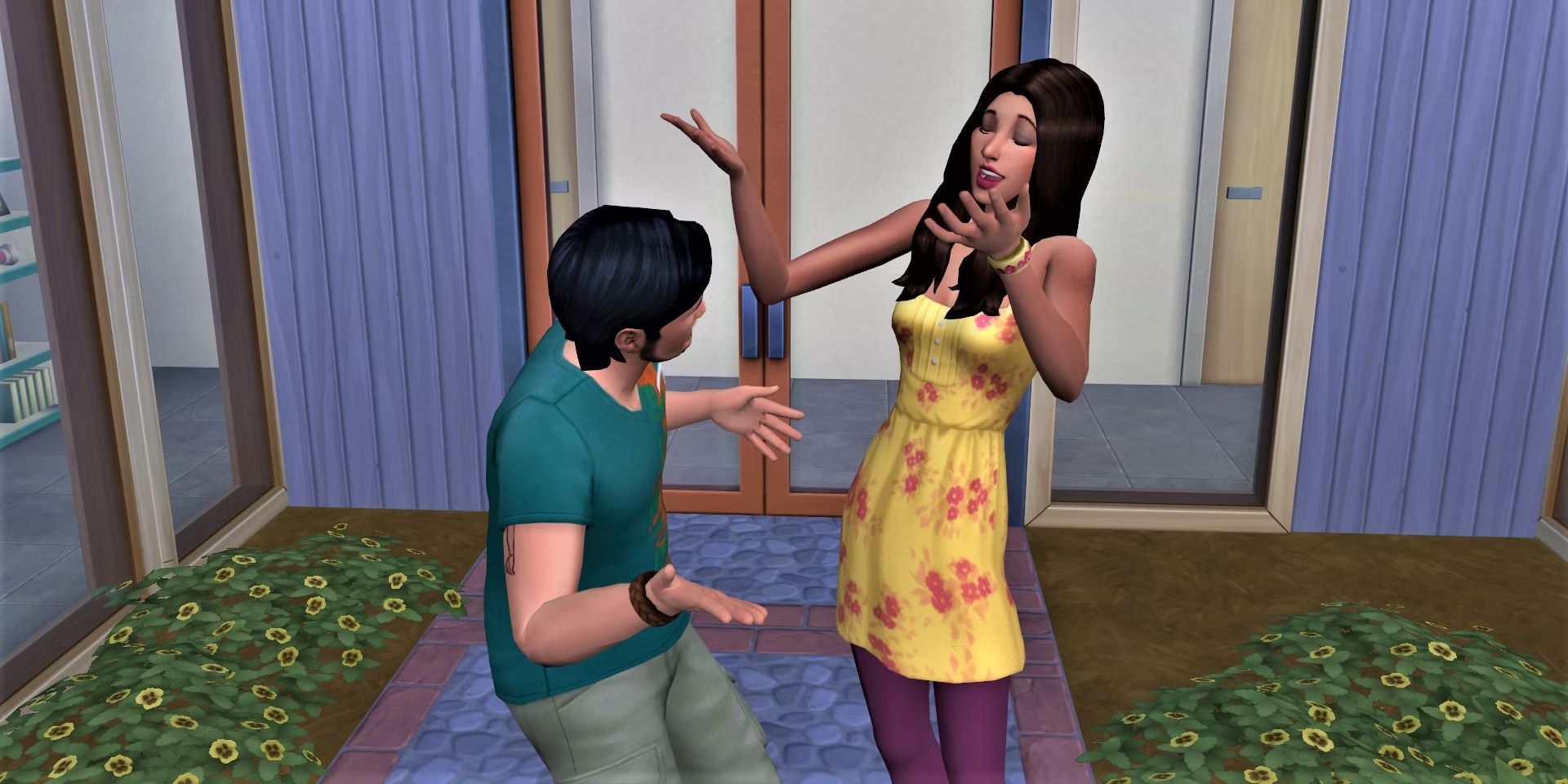 Two members of the Roomie household chatting in The Sims 4.