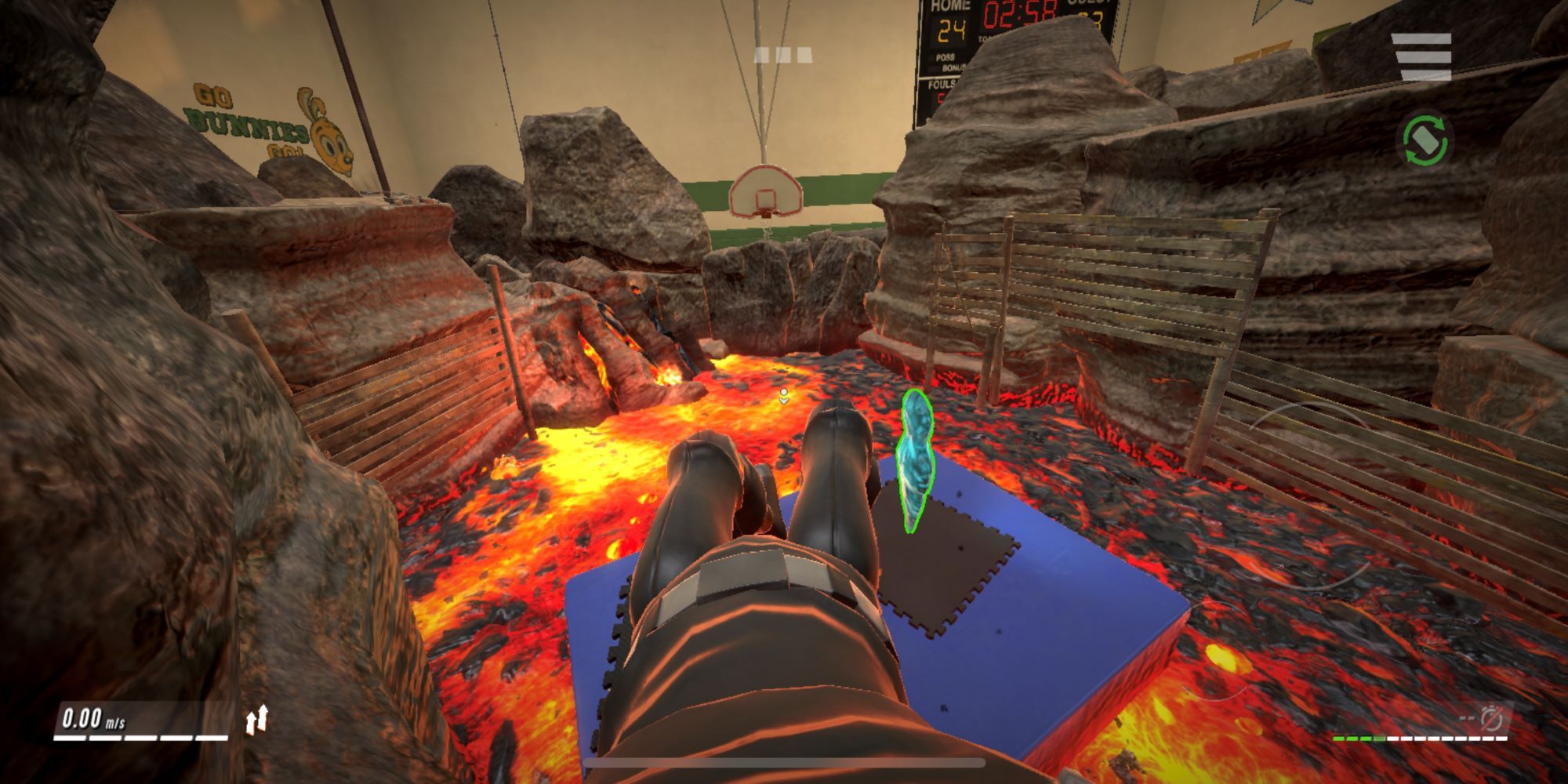 The player swings from a rope to a gym mat while avoiding a fiery death in The Floor Is Lava.