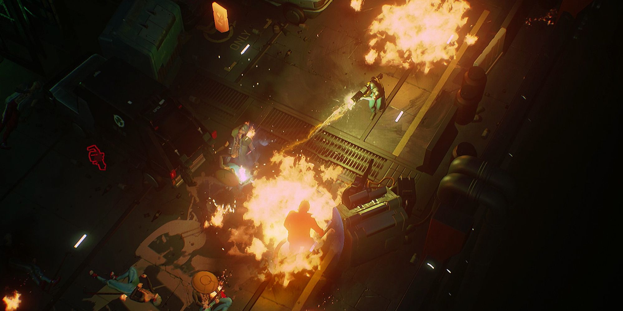 Ruiner gameplay -- top down fierw of a man shooting rockets, surrounded by fire.