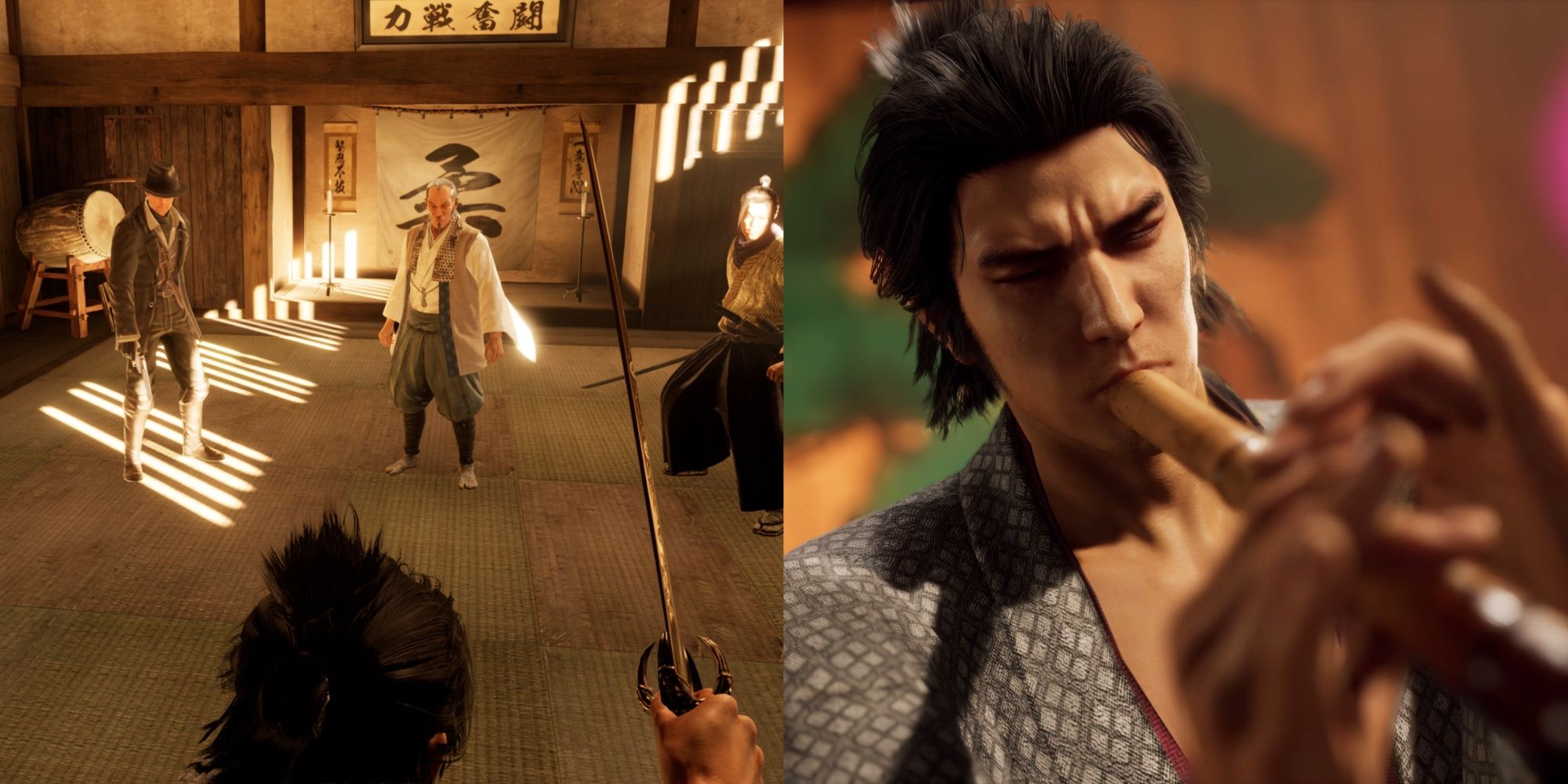 Ryoma fighting against the three masters and him playing a music minigame in Like A Dragon: Ishin.