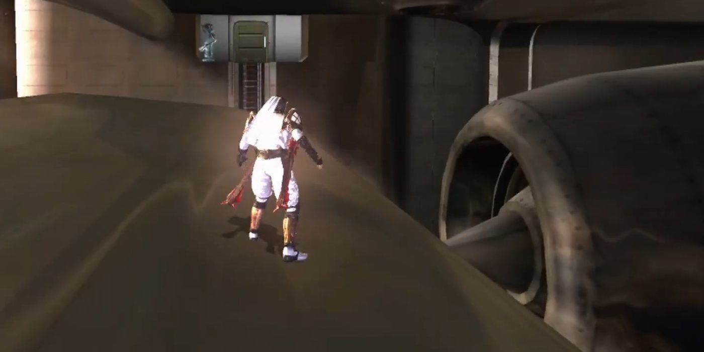 Ryu on a wing of the Fortress heading towards a save statue in Ninja Gaiden 2.