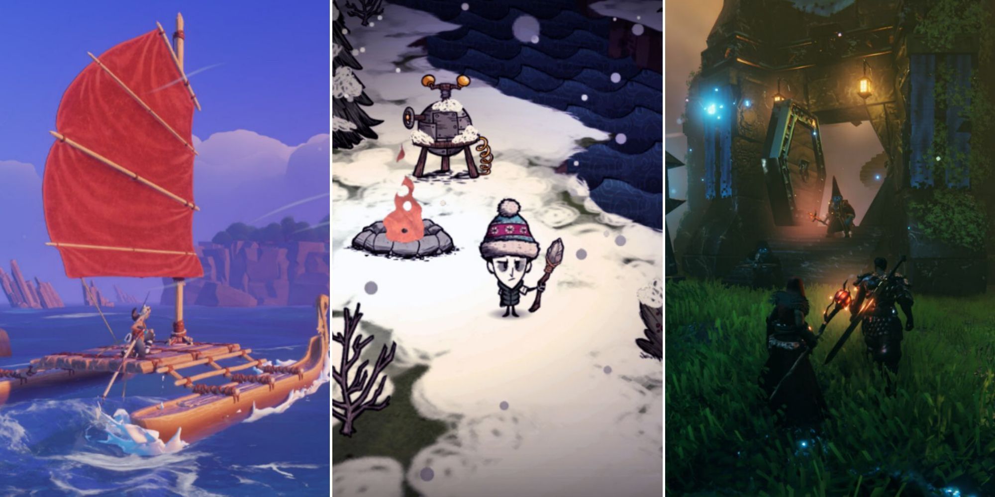 Sailing in Windbound, Wilson in Wintertime in Don't Starve, and two characters walking towards a door in Valheim