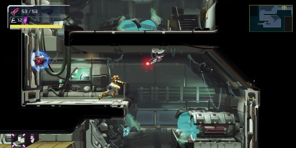 Samus from Metroid Dread running with a gun as a machine is about to shoot a laser at her in a level