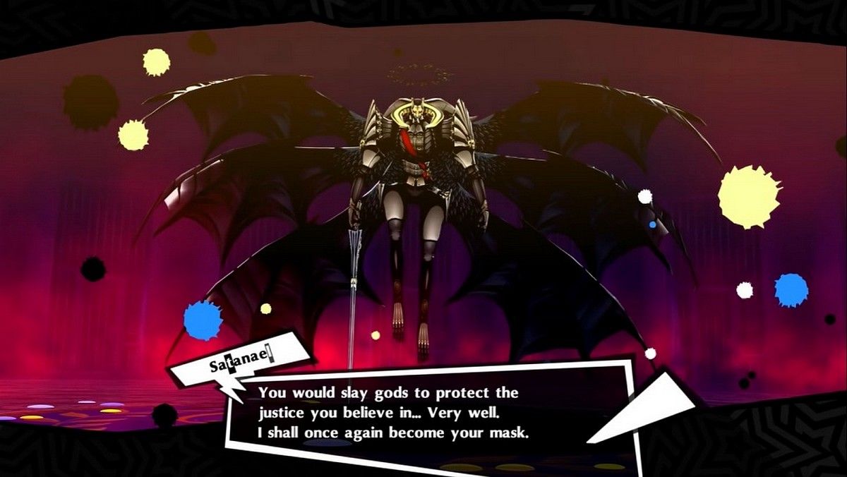 satanael speaking to joker when he's fused in the velvet room in a new game plus run of persona 5 royal